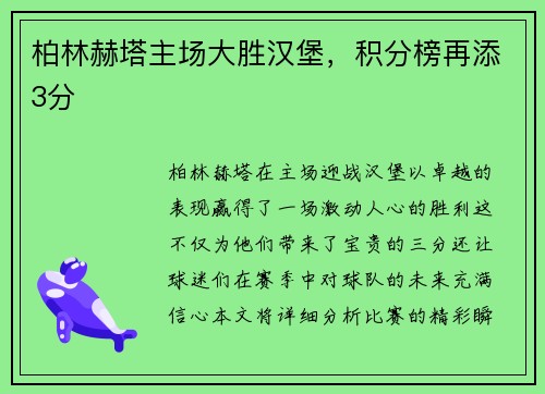 柏林赫塔主场大胜汉堡，积分榜再添3分